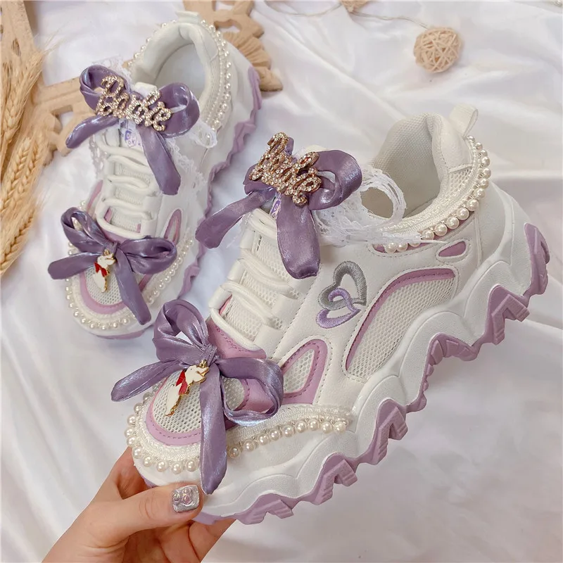 Japanese Sweet Lolita Shoes Purple Bowknot Cute Platform Shoes Japanese Girl Lace Up Sneakers College Style Cosplay Cos Loli