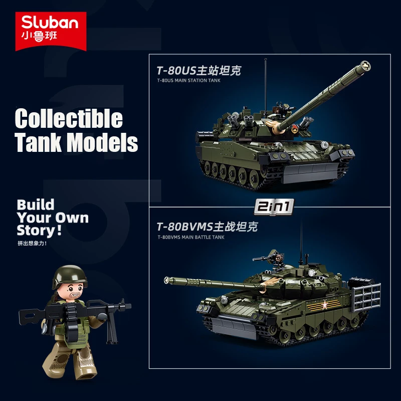 Sluban Military Collection Model Building Blocks Kit T-80BVMS/T-80US Main Battle Tank Army Bricks Toys Gifts For Kids Adult