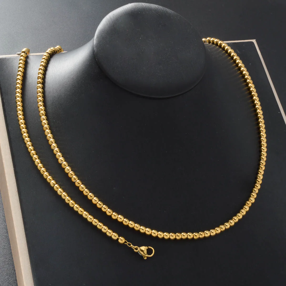 

Gold Plated Bead Necklace Bracelet Set for Women Stainless Steel Round Ball Daily Wear Office Elegant Jewelry Gift for Her
