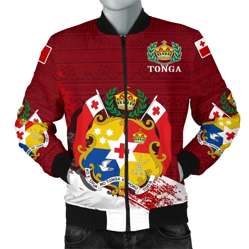 Harajuku 3D The Kingdom Of Tonga Ethnic Flag Printed Jacket Tonga National Emblem Graphic Jackets Cool Fashion Mens Clothing Top