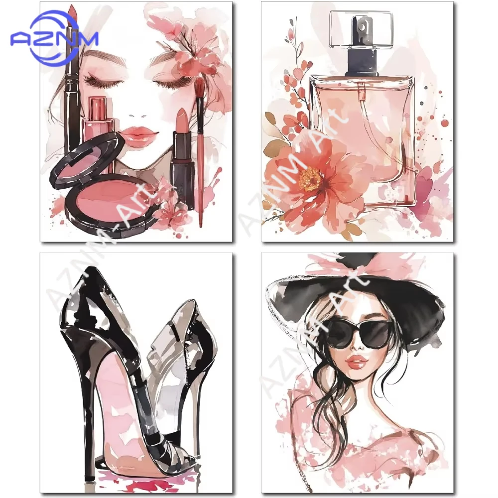 1/4PCS ，Pink Makeup Wall Art Prints Fashion Woman Canvas Picture Watercolor Decor Paintings High Heels Perfume Beauty Wall Art