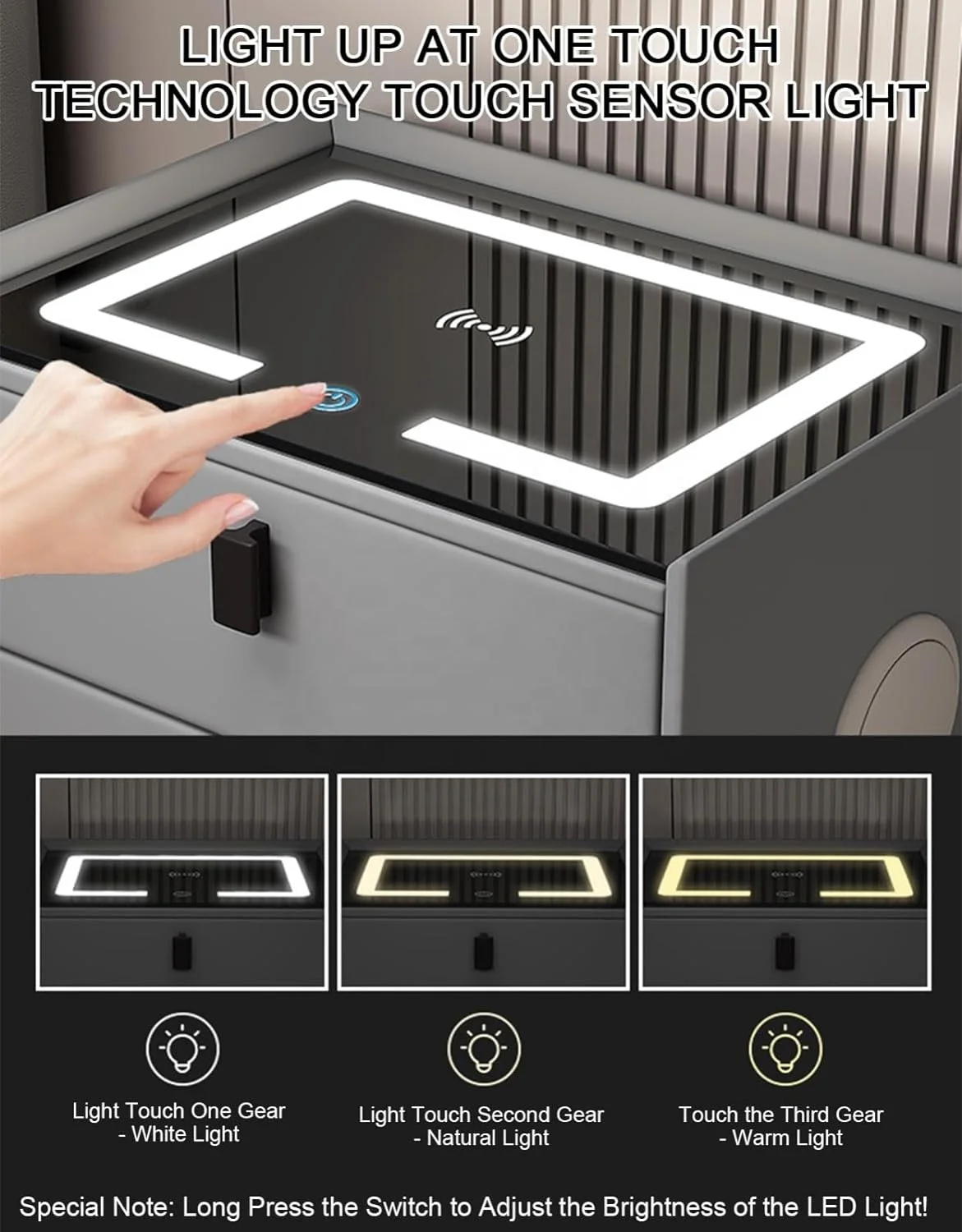 Table de chevet intelligente à verrouillage par code d'empreintes digitales, lampe de charge sans fil, nouvelle table de chevet multifonctionnelle, fabricant