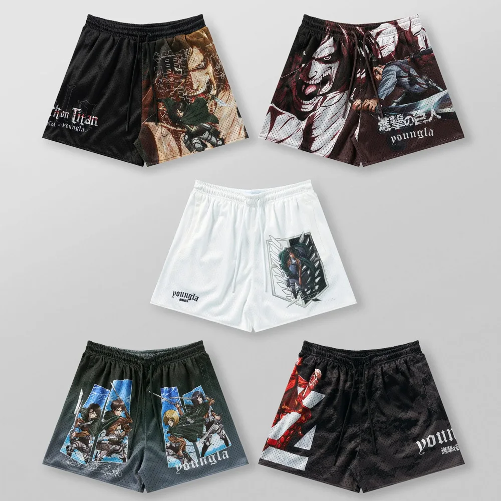 Shorts da moda americana masculina, estilo anime legal, malha de secagem rápida, estiramento respirável, calção de cordão, calça de praia casual