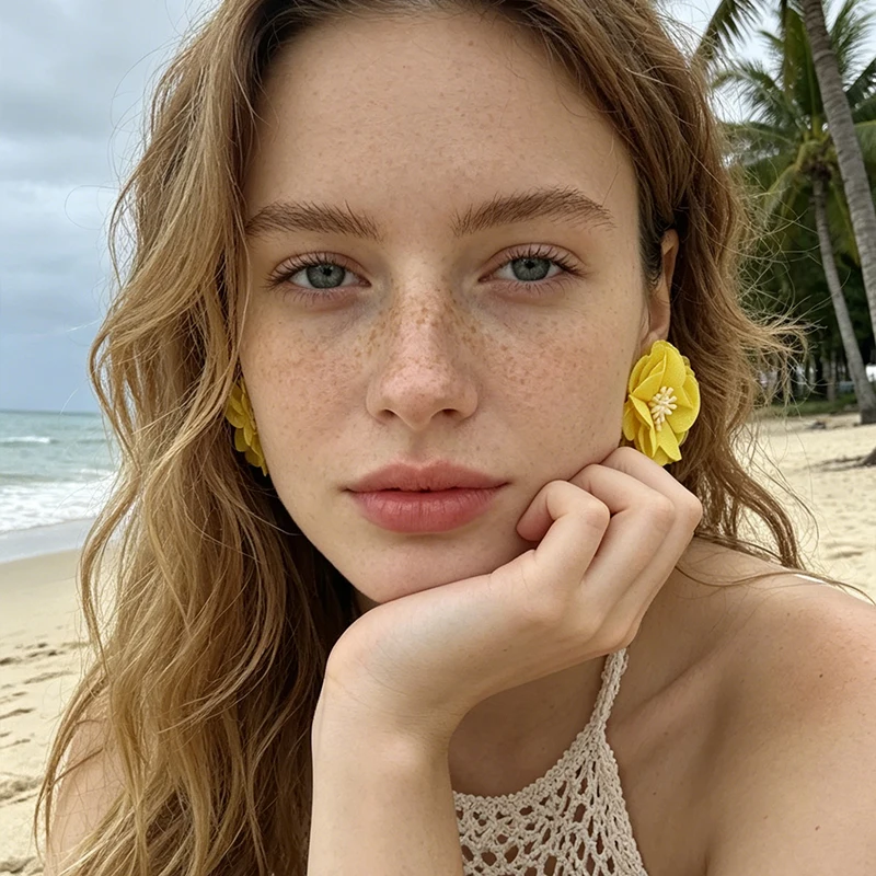 New Chiffon Lace Floral Clip on Earrings For Women Non Piercing Exquisite Colorful 3D Flower Ear Clips Vacation Beach Jewelry