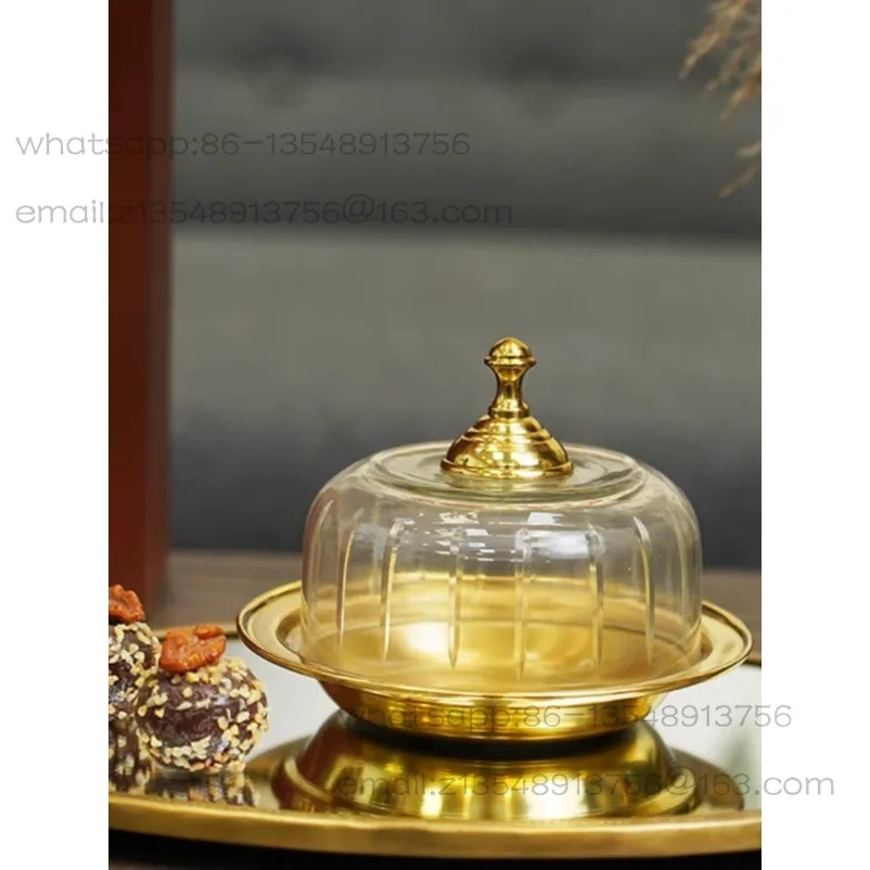 Nordic style creative snack brass plate with lead-free glass transparent cover dustproof fruit plate living room coffee table