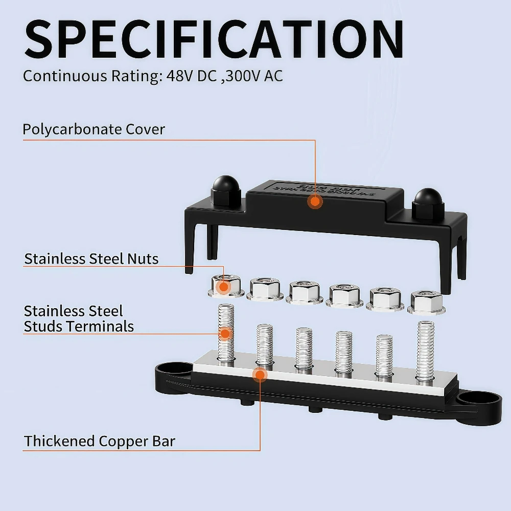 6-Position High-Current Busbar 275A Bus Terminal Block Power Distribution Block 6xM8 Yacht RV Automotive Circuit Modification