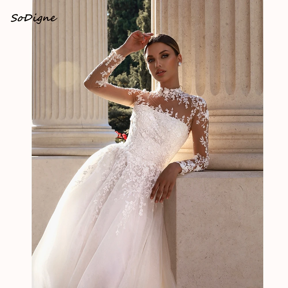 

SoDigne A-line Appliques Wedding Dresses High Neck Full Sleeves Bridal Dress Long Wedding Gown Robe De Mairee ﻿Customized