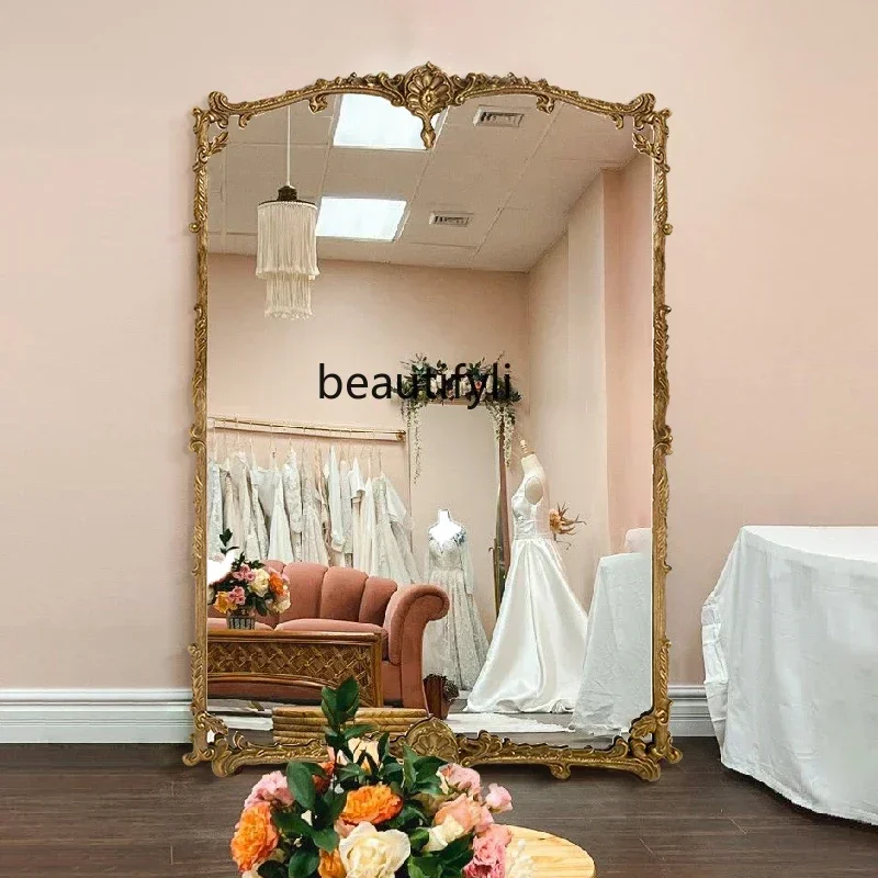 

smt14 SS Light luxuryFrench fitting retro cloakroom full body mirror entry entrance engraved mirror European floor mirror