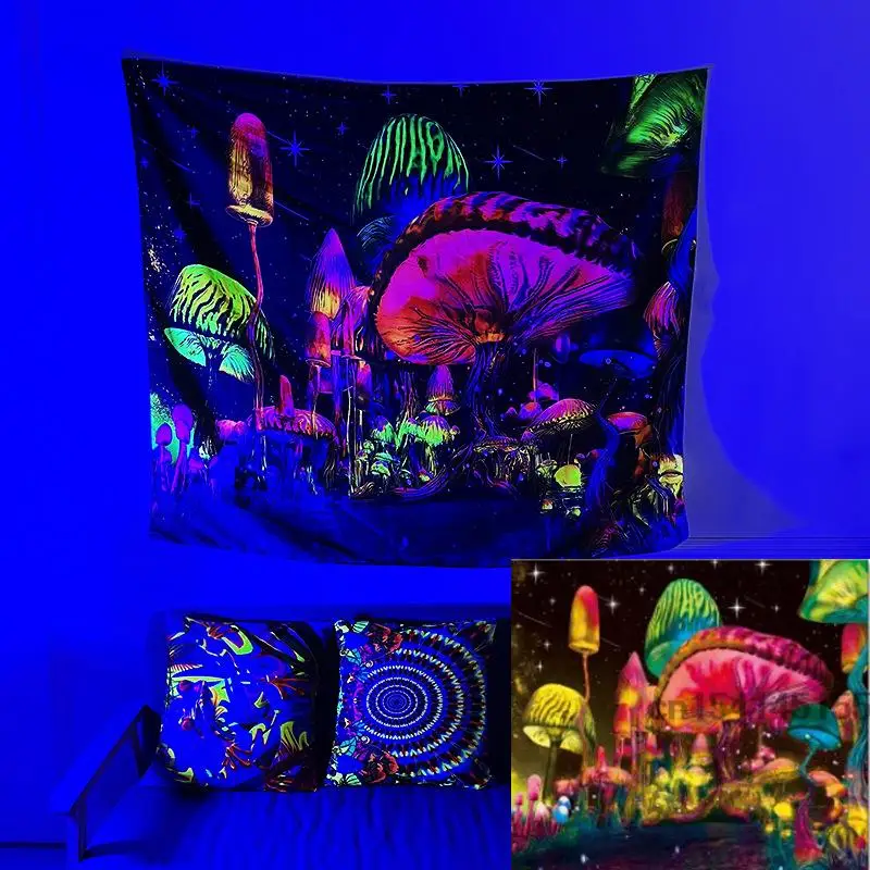 Custom Blacklight Tapestry UV Reactive Trippy Hippie Black Light Tapestry Aesthetic Wall Decor Neon Tapestries Party Backdrops