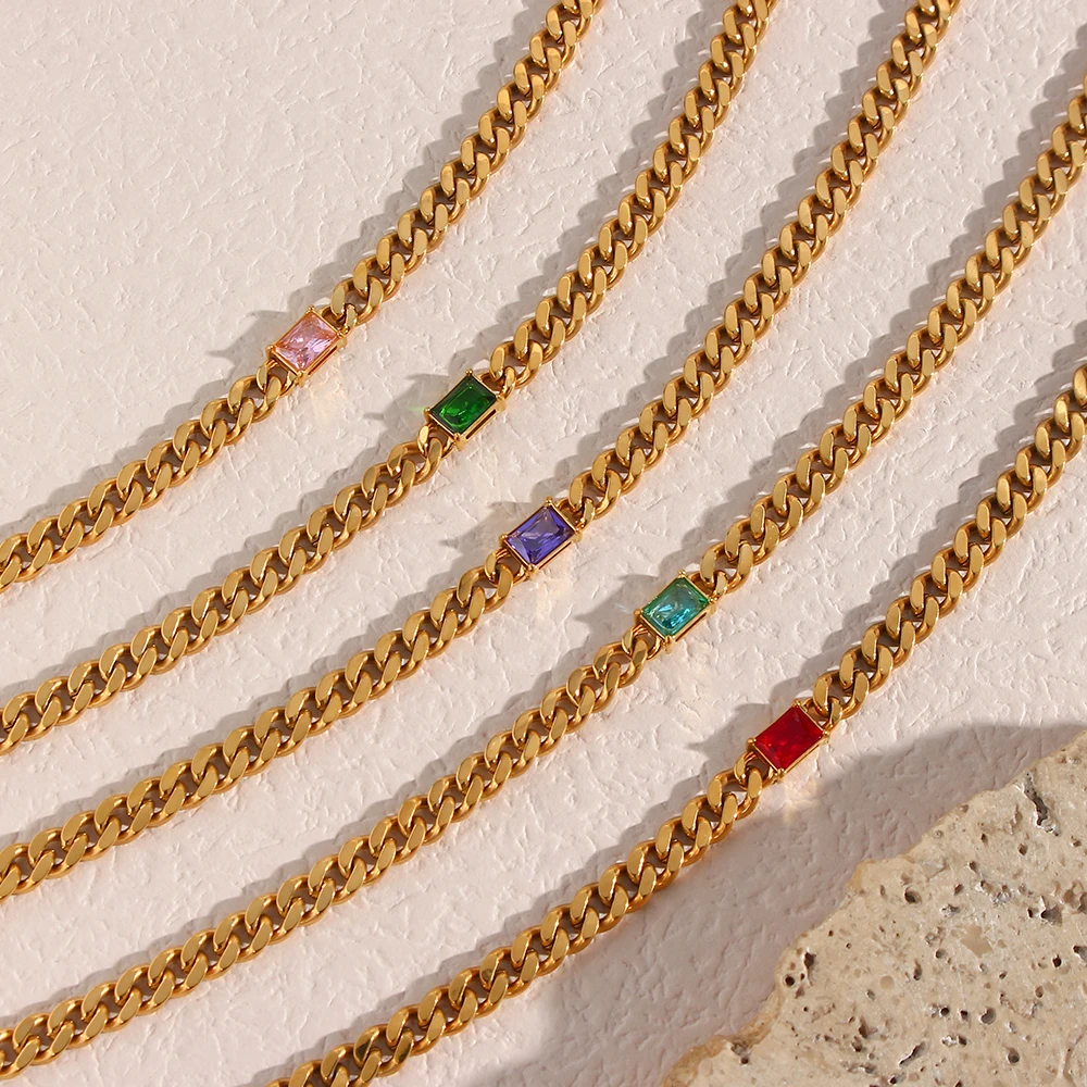 6.5mm Cuban Chain Rectangle Zircon Pendant Necklace Gold Plated Stainless Steel Chain Choker Necklaces For Woman Jewelry