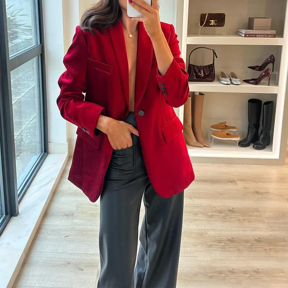 PRINTKAOIR Vintage Chic Velluto Rosso Blazer oversize Donna Manica lunga Tasche con scollo a V Giacche Moda 2024 Office Lady Outwears