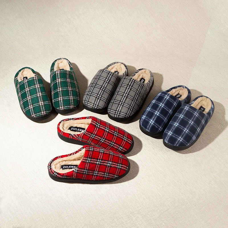 New Men\'s Striped Warm House Fleece Cozy Non-slip Plaid Cotton Mops Couples Slippers Winter Soft Indoor Bedroom Couples Shoes