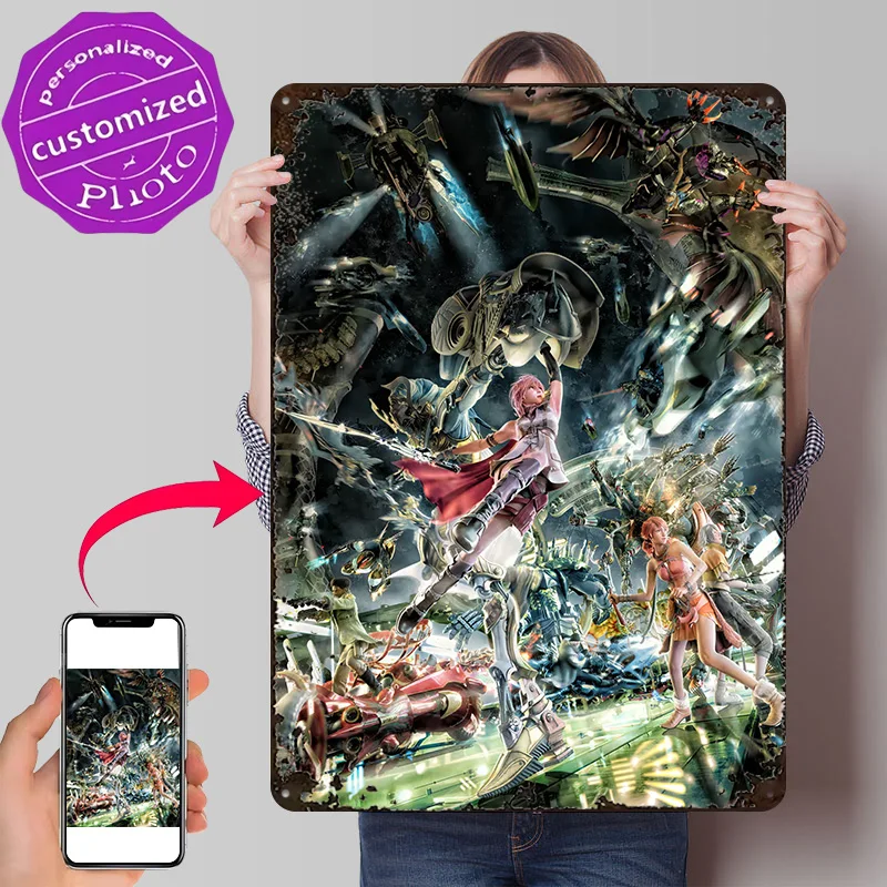 Fantasy XIII Lightning and Allies in Battle Personalized 3D Textured Metal Poster Wall Art Tinplate Sign for Decoration Room
