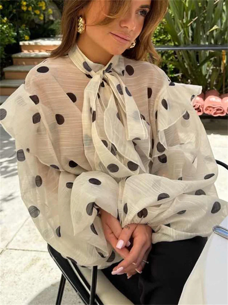 

Tossy Summer Casual Printed Cardigan Shirts For Women Tee Bow See-Through Patchwork Long Lantern Sleeve Blazer Female Coat 2026