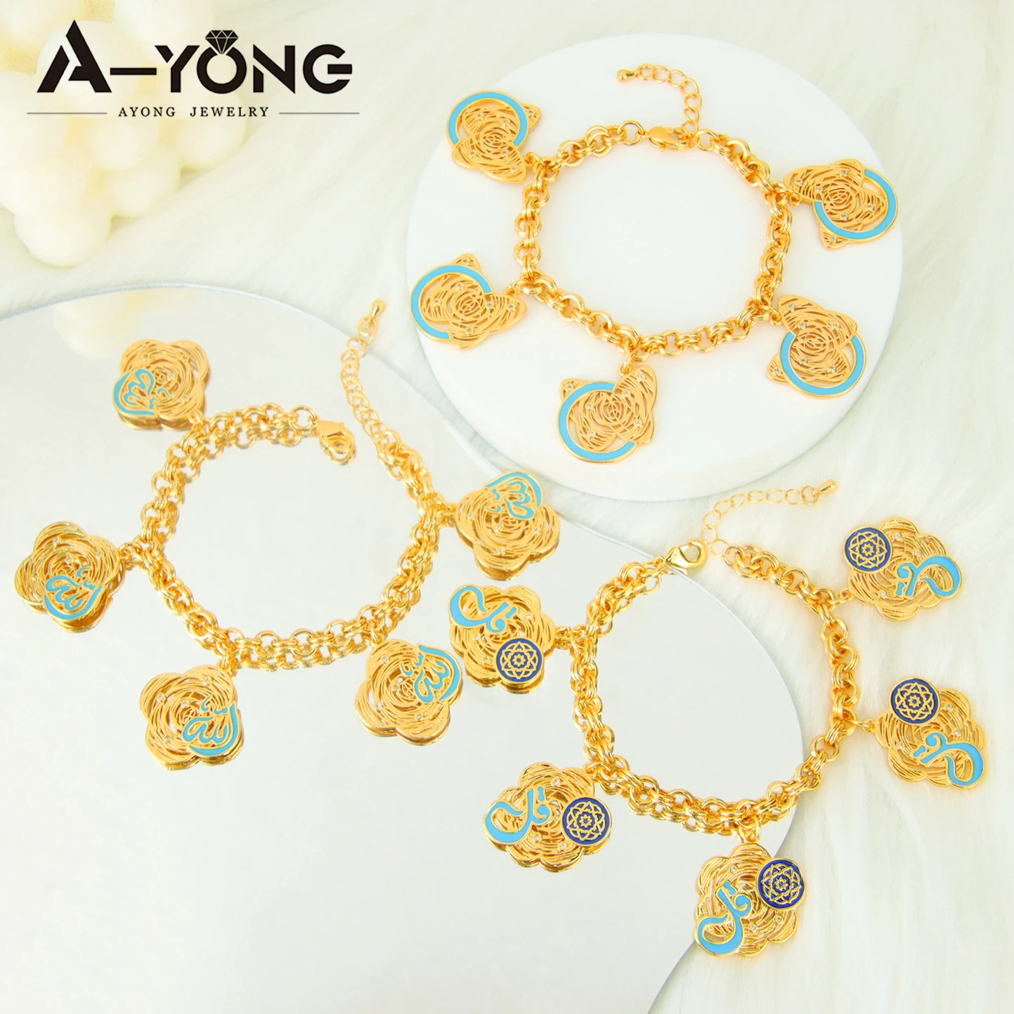 Fashion Turkish Vintage Jewelry 21k Gold Plated Muslim Hip Hop Pendant Bracelet Algeria Women Event Party Jewelrys