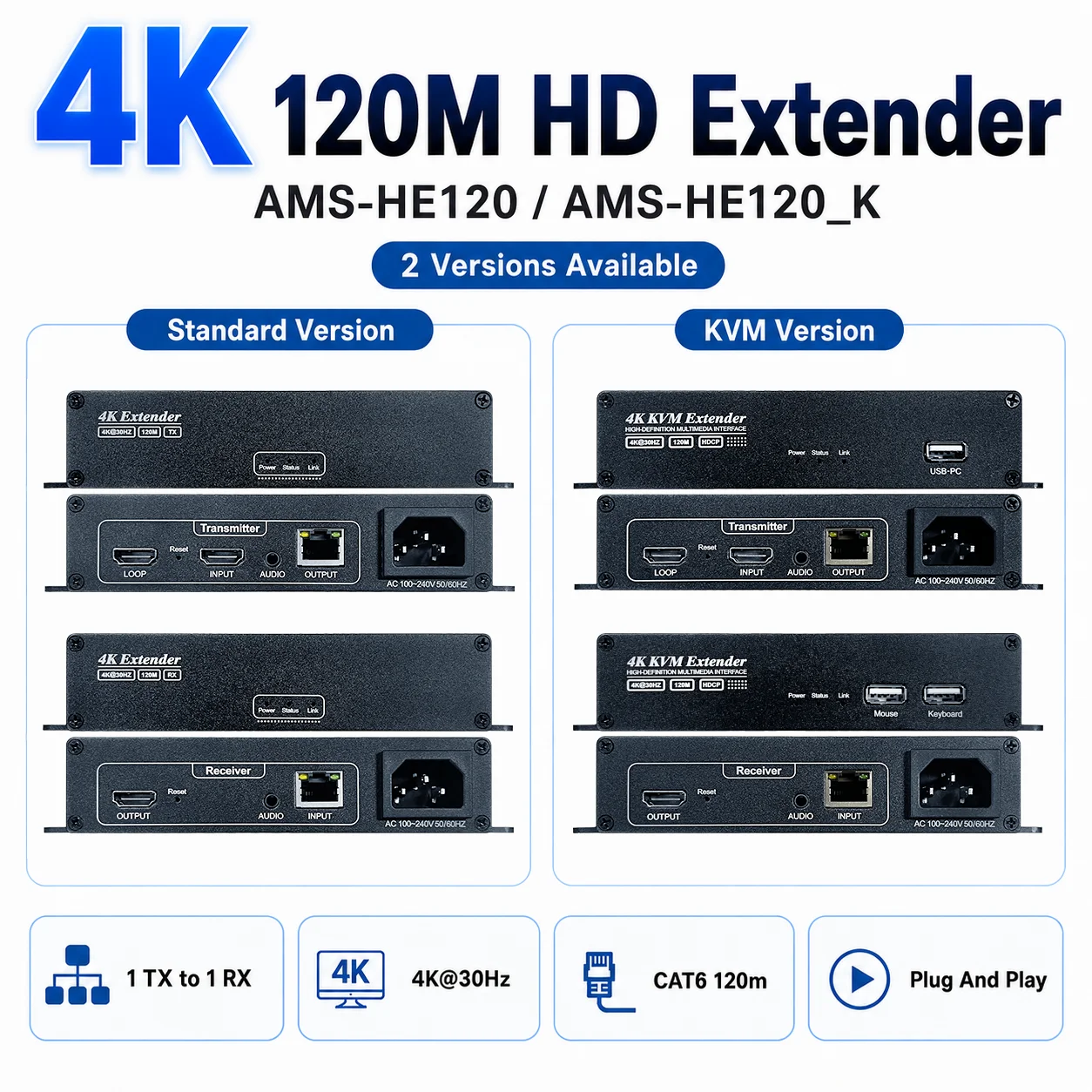 

4K HD Extender with KVM HE120K HE120 Over RJ45 Cat5e Cat6 Network Cable 120M Transmitter and Receiver Via HDCP Ethernet Extender