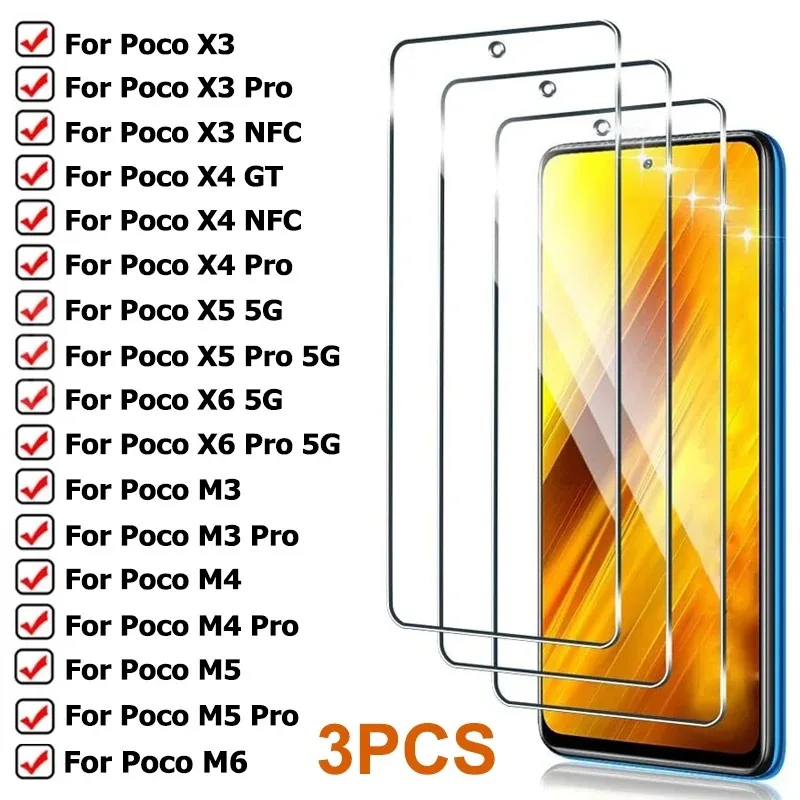 3PCS Protective Glass for Poco X7 X3 X4 GT X5 X6 Pro NFC 5G Screen Protector for Xiaomi Poco M7 M6 M5 M5S M4 M3  Pro Glass Film