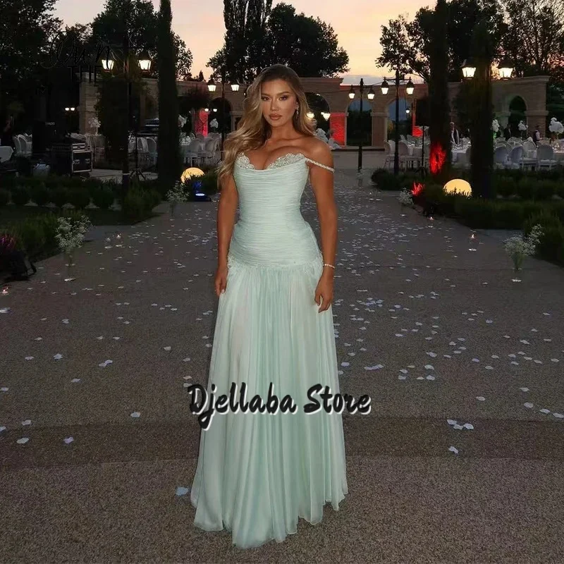 تخصيص بسيط ألف خط فساتين السهرة قبالة الكتف الطيات الطابق طول أكمام حزب أثواب فساتين السهرة #4