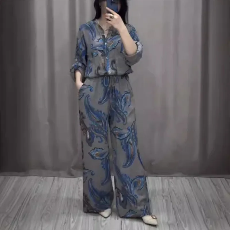 

Women Vintage Print 2 piece sets 2025 Spring v-neck Long Sleeve Shirt Lace-up Wide Leg Pants Outfit New Summer Button 2pcs Suit