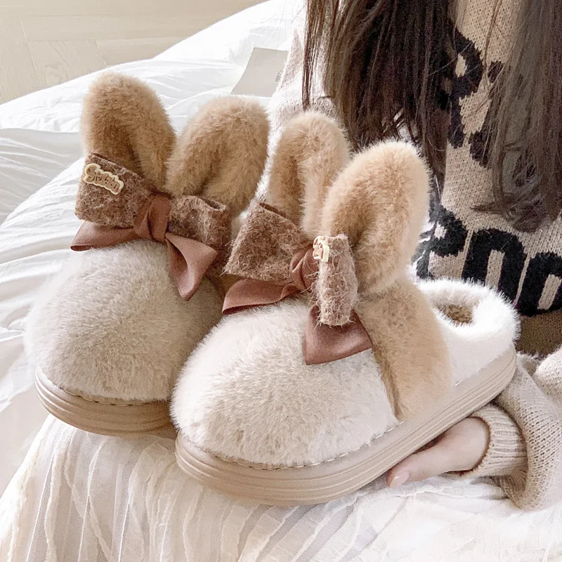 

Winter Cute Pink Rabbit Women Slippers Adults Indoor Cartoon Thick Soft Slides Girls Cute Cotton Slippers Warm Plush Shoes