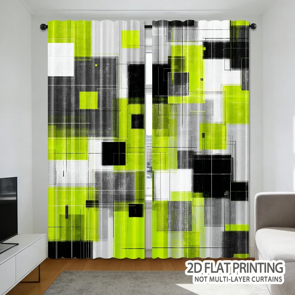 Lemon-colored and grey checkered pattern curtains, with a pole design, suitable for living rooms, bedrooms and study rooms.