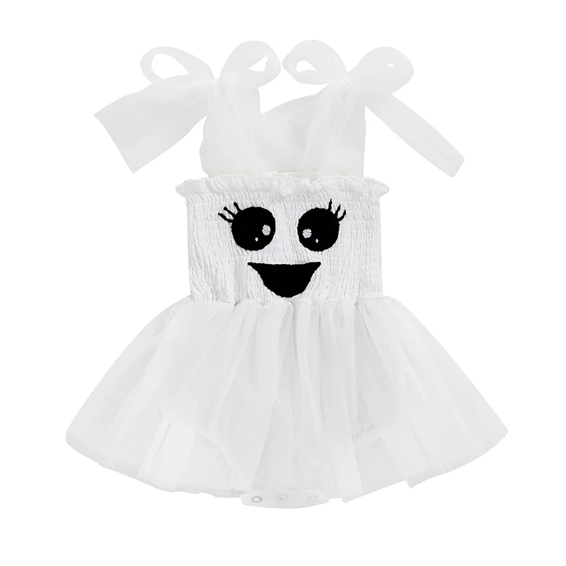 Baby Girl Halloween Romper Dress Ghost Embroidery Pattern Tie Shoulder Strap Tulle Skit Hem Jumpsuit