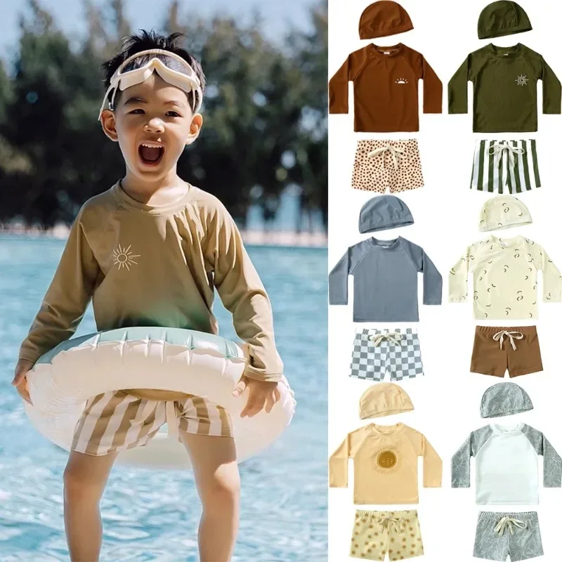 Boys Girls Summer Swimwear Sets Long Sleeve Quick-Dry Top+ Striped Swimming Trunks Surfing Suit Toddler Bathing Baby Swimsuit