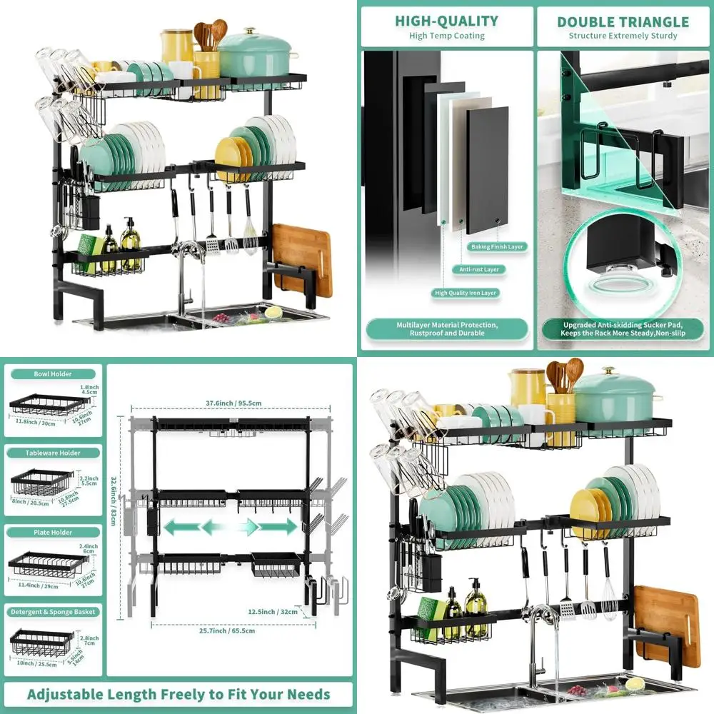 

Expandable 3-Tier Stainless Steel Dish Rack with 6 Baskets and Utensil Holder for Over Sink or Counter Use