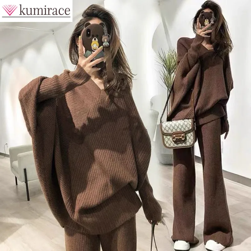 

Autumn and Winter Fashion Women's Set New Bat Sleeve Knitted Sweater Casual Wide Leg Pants Two Piece Set