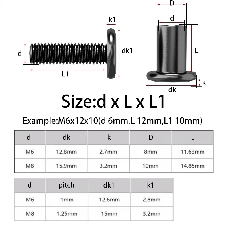 10~50set M6 M8 Carbon Steel With Black Large Flat Phillips Furniture Screw With Nut Rivet Connector Joint Sleeve Nut