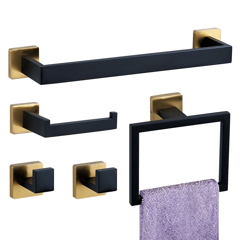 Bathroom Black Gold Toilet Paper Holder Towel Rack Holder Robe Hook Towel Ring Stainless Steel Bathroom Hardwares Set kit