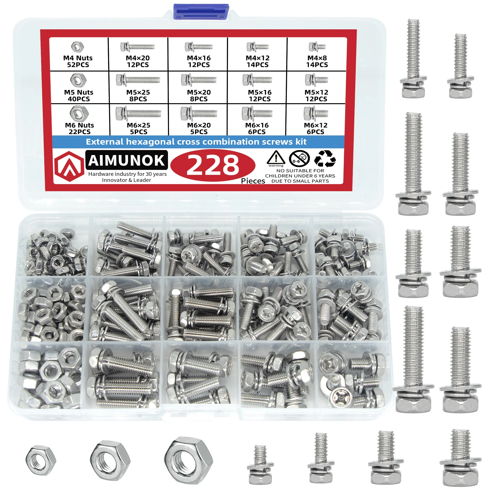 228pcs 304 Stainless Steel Hexagonal Phillips Combination Screw, Phillips Flat Elastic Pad Bolt Hexagonal Combination Screw, Phi