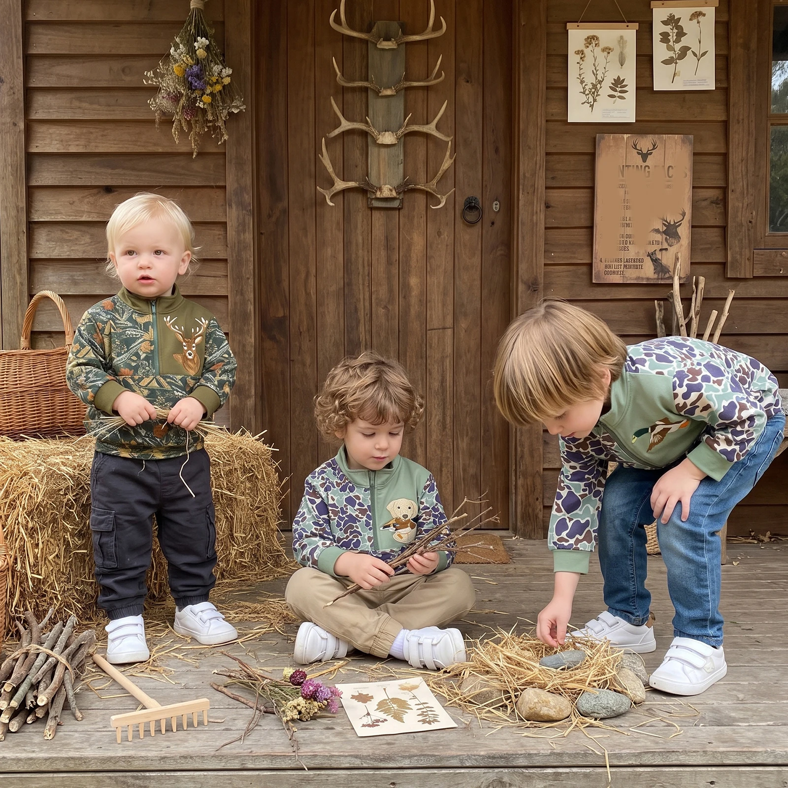 Toddler Baby Little Boy Hunting Camo Quarter Zip Sweatshirt Duck/Deer/Dog Embroidery Wildlife Pullover Tops Fall Winter Clothes