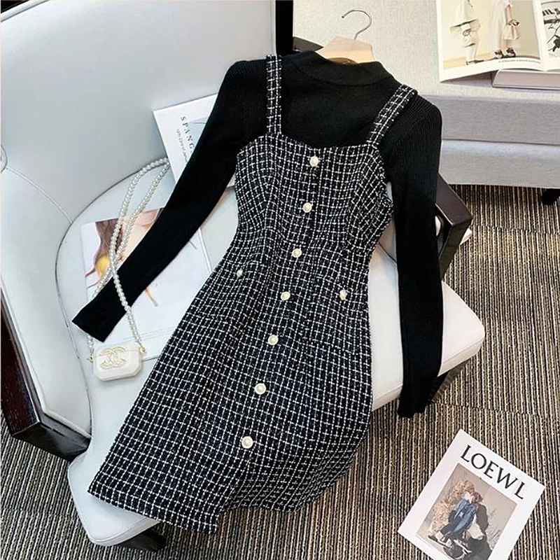 Luxury Elegan Tweed Two Piece Set Women Spring Autumn Sleeveless Pearl Button Sweater Spaghetti Strap Mini Dresses Outfits