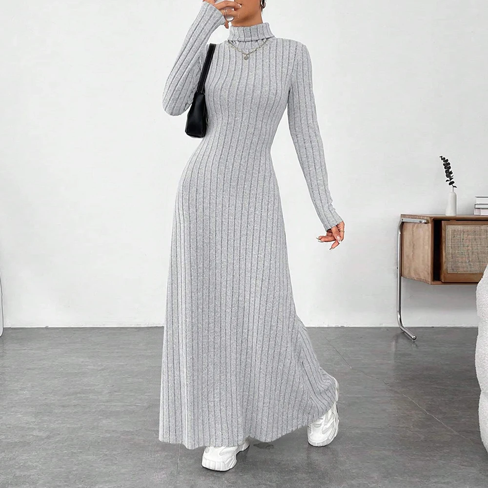 Women Elegant Bodycon Knit Dress Autumn Winter Hooded Turtleneck Temperament Slim Long Sleeve Solid Ribbed Long Dress Streetwear