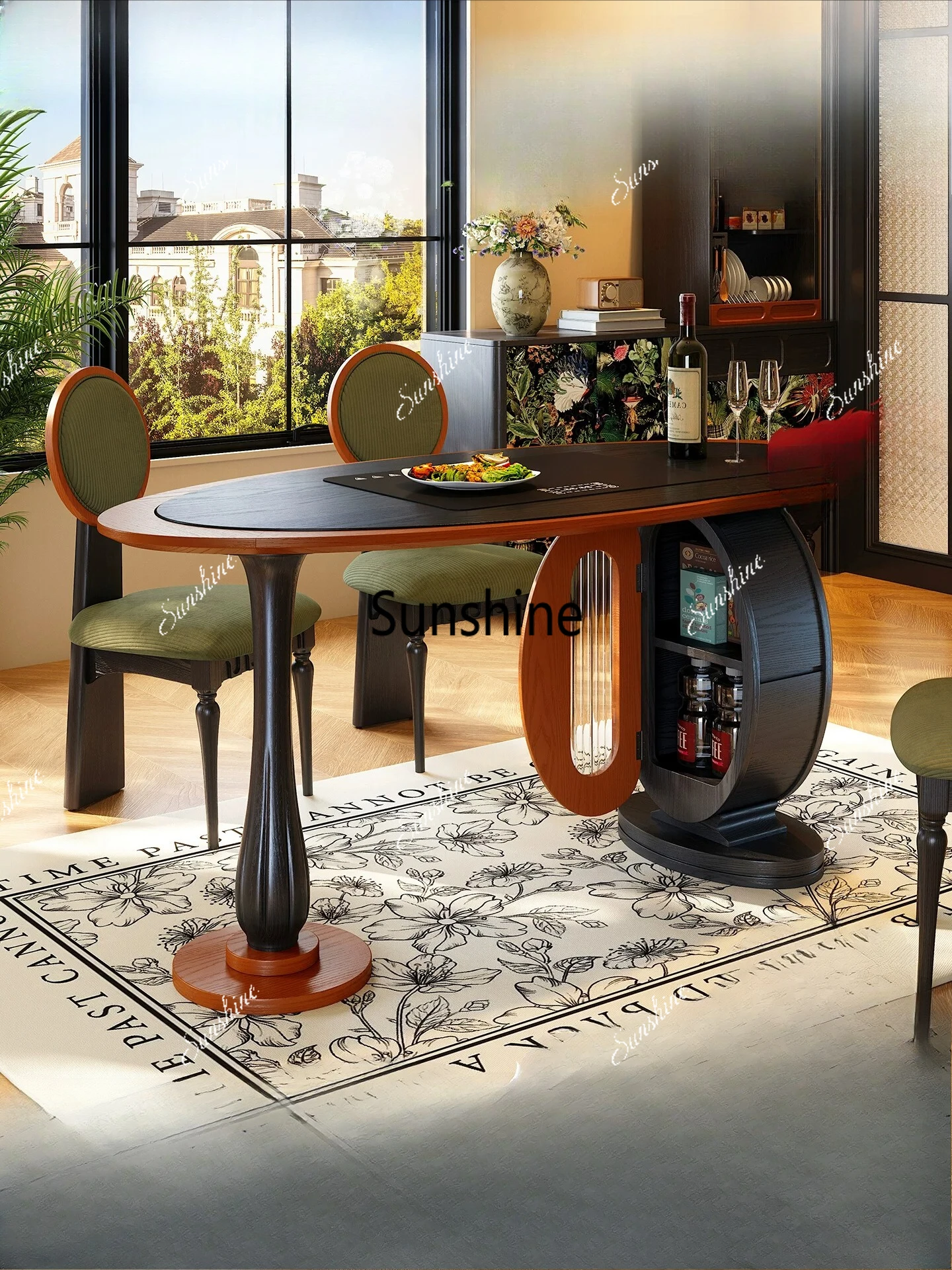 

French retro small apartment dining table medium antique ash wood storage dining table