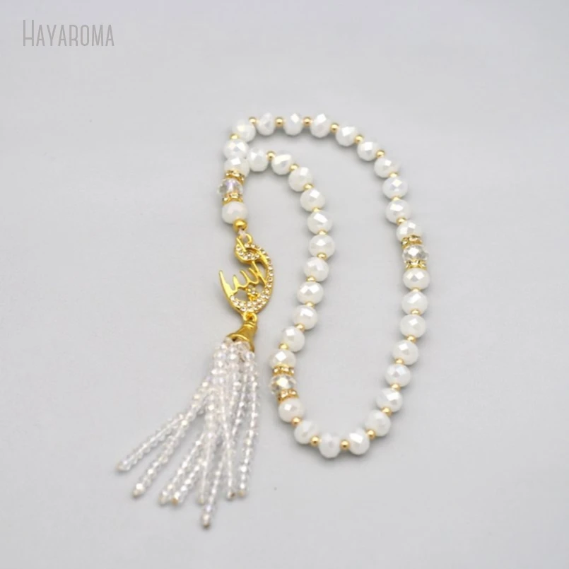 10Pcs Wholesale  Gold Color White Rhinestone Glass Crystal 33 Muslim Crescent Allah Prayer Bead MU48120