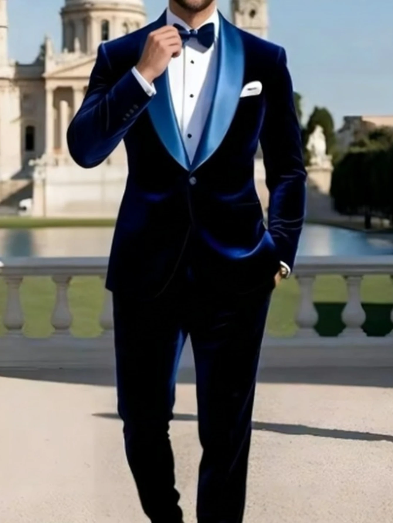 

Новый темно-синий бархатный мужской костюм для торжественных мероприятий, деловых встреч, свадеб, выпускных вечеров, мужской смокинг из 2 предметов: пиджак и брюки
