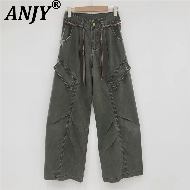 

ANJY, осенние новые женские уличные модные джинсы в стиле сафари, утягивающие прямые широкие брюки с карманами и драпировкой A10907