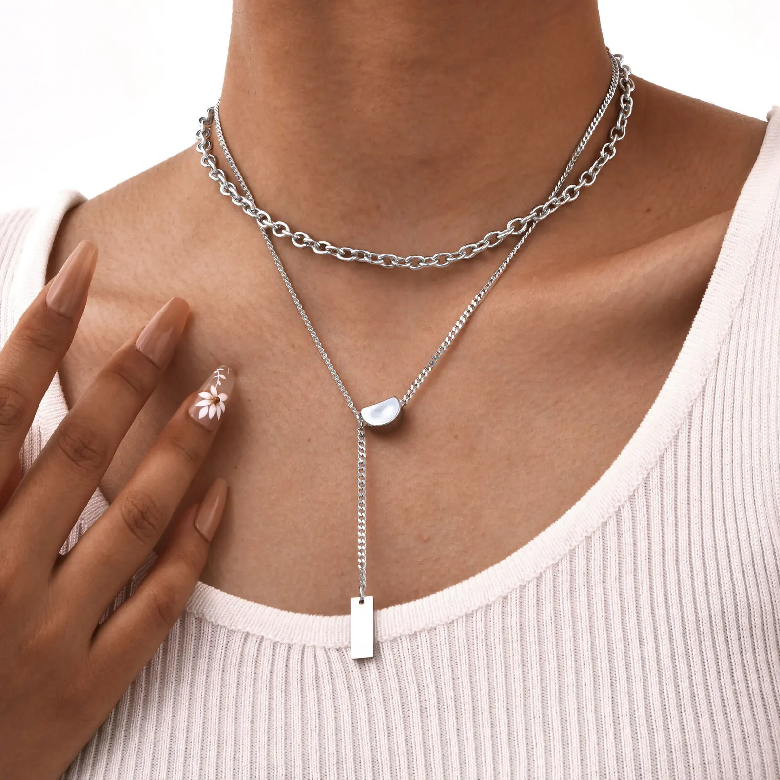 Layered Y Shape Pendant Necklace for Women, Stainless Steel Stackable Cuban Chain Jewelry
