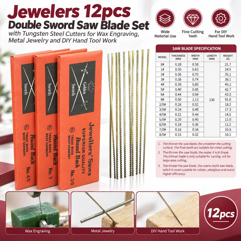 Jewelers 12pcs Double Sword Saw Blade Set with Tungsten Steel Cutters for Wax Engraving, Metal Jewelry and DIY Hand Tool Work
