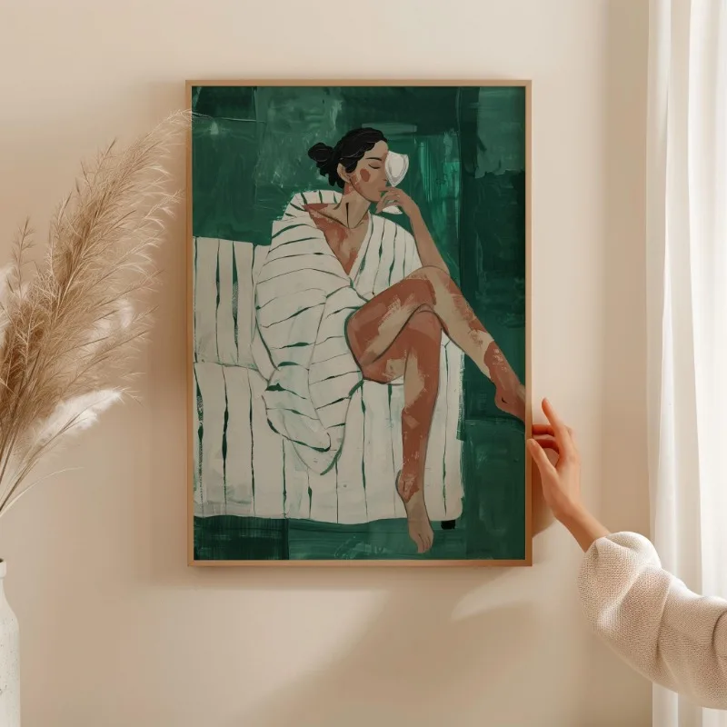 Emerald Green Abstract Stripe Woman Poster Modern Artwork Minimalist Female Canvas Painting Wall Art Living Room Home Decor