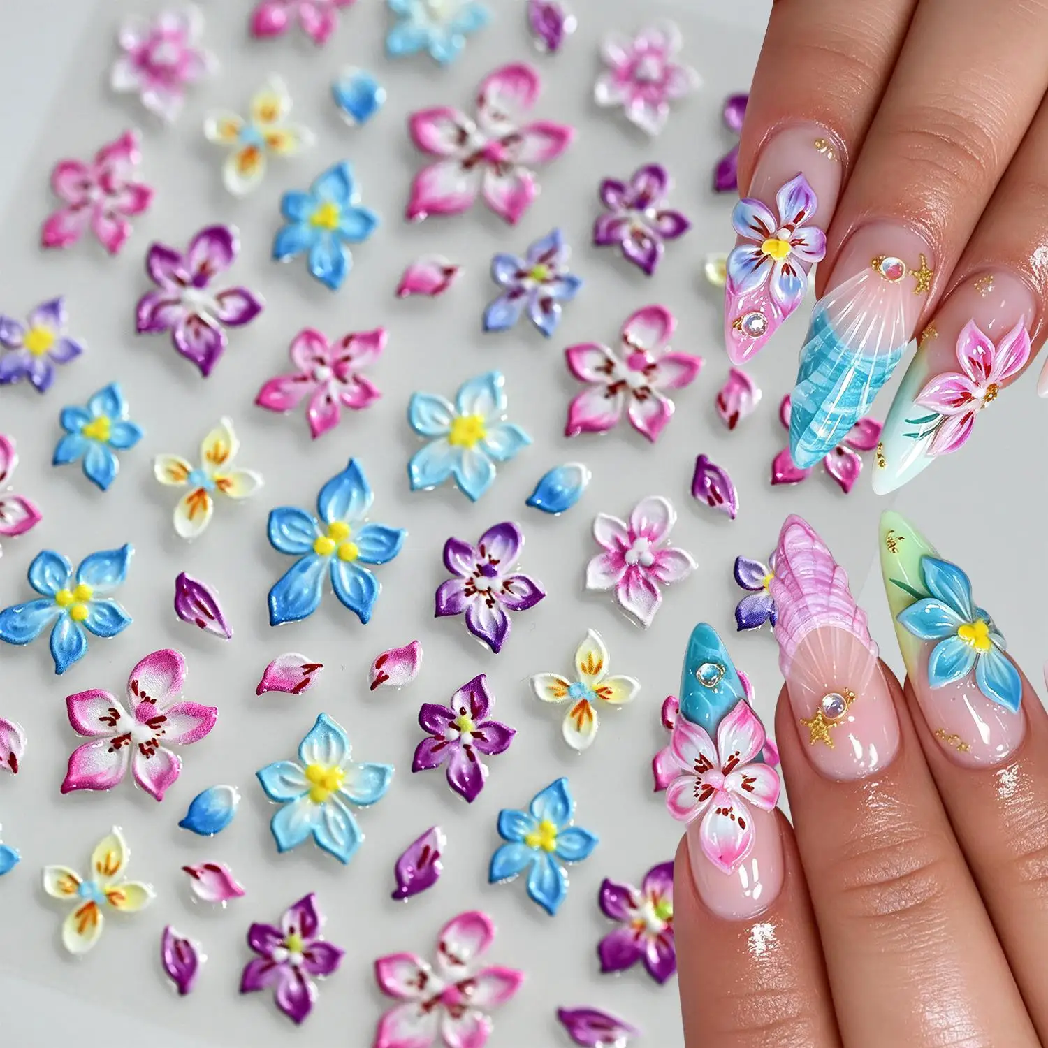 1Pcs 5D Embossed Coloful Gradient Lily Nail Stickers Plumeria Self Adhesive Nails Decals for Summer Tropical Manicure Decoration