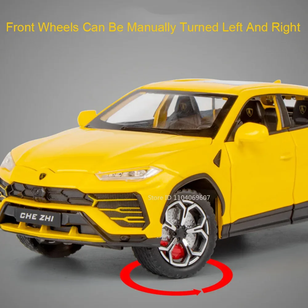 1:24 URUS Metal Diecast Model Car Toys Pull Back Sound Light Doors Opened Shock Absorption Ornament Vehicle Toy Models Kids Gift