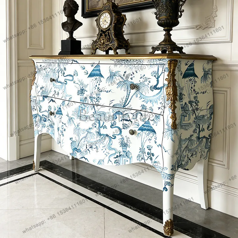 

European classical solid wood porch cabinet blue and white landscape storage decorative cabinet