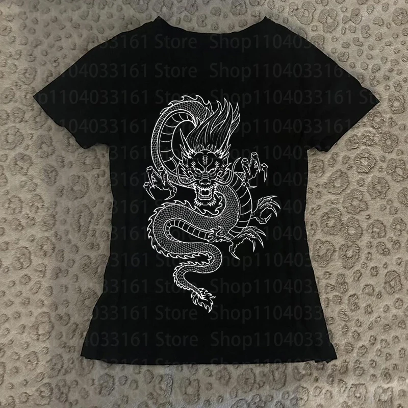 Woman Clothing Harajuku Vintage Aesthetic Women 90s Crop Top Y2k dragon Printed graphics Gothic Woman T-shirts Kpop Emo Girl