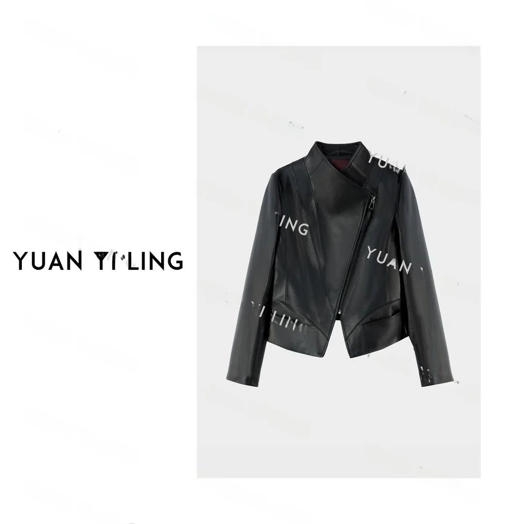 

Yuan Yiling Sheepskin Leather Jacket Black High Collar Side Zipper Advanced Design Spring Autumn Style Women's Fashion