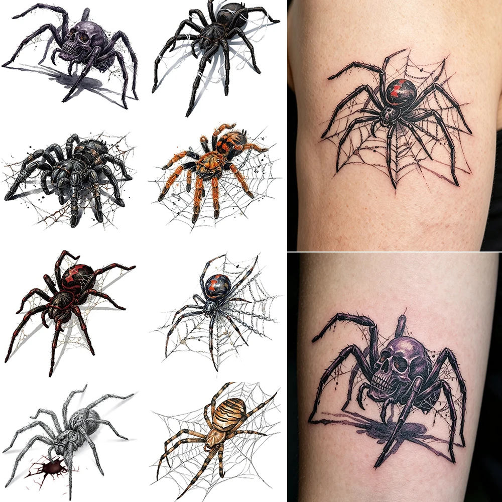 5/8Pcs Realistic Spider Skull Web Temporary Tattoo Stickers Gothic Spiders Decal Halloween Zombie Cosplay Body Face Fake Tattoos