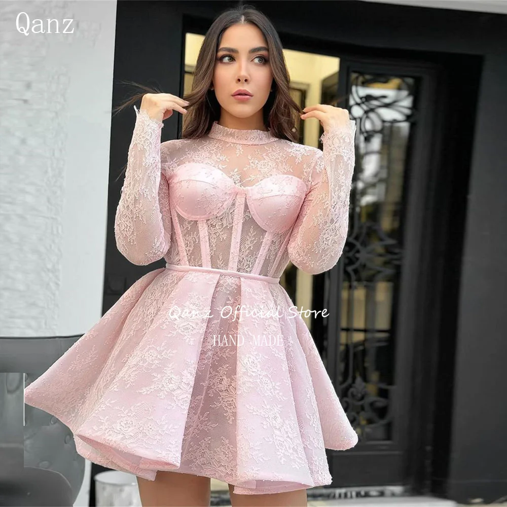 

Qanz Pink Lace Luxury Prom Dress Long Sleeves Party Gown See Through Illusion Open Back Short Evening Dresses Women Customized