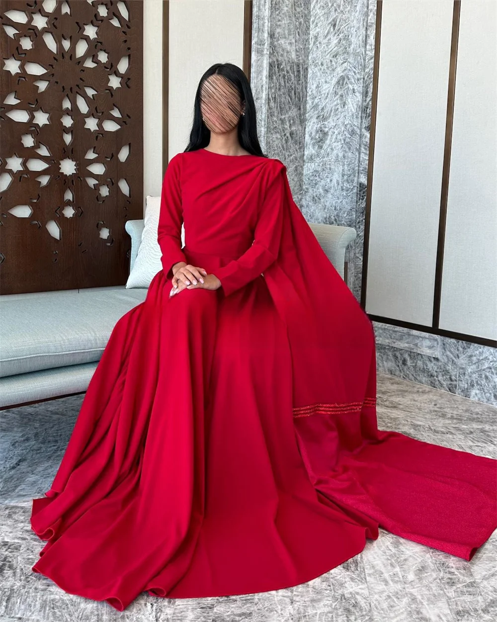 Cathy Red Square Collar Prom Dressess Satin A-line Vestidos De Noche Elegant Long Sleeves Floor-Length Long Shawl Graduation